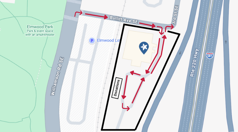 Aerial map showing Freedom First's headquarters parking lot traffic flow for donations