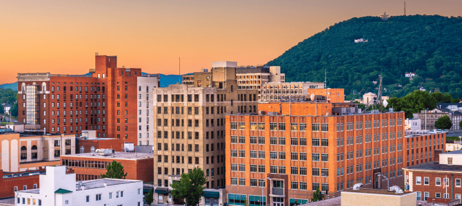 Downtown Roanoke aerial view facing Mill Mountain