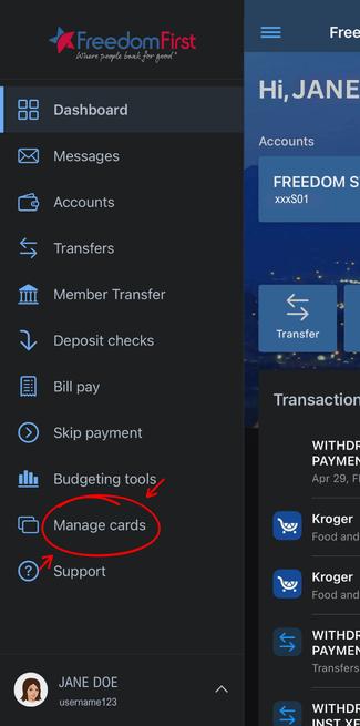 Screenshot showing mobile banking menu highlighting "Manage Cards" tab