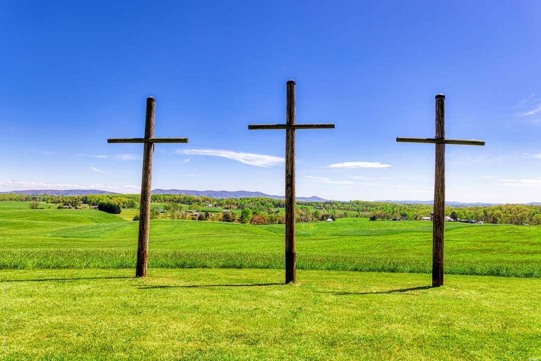 View of three crosses in a field on the Tuck family farm